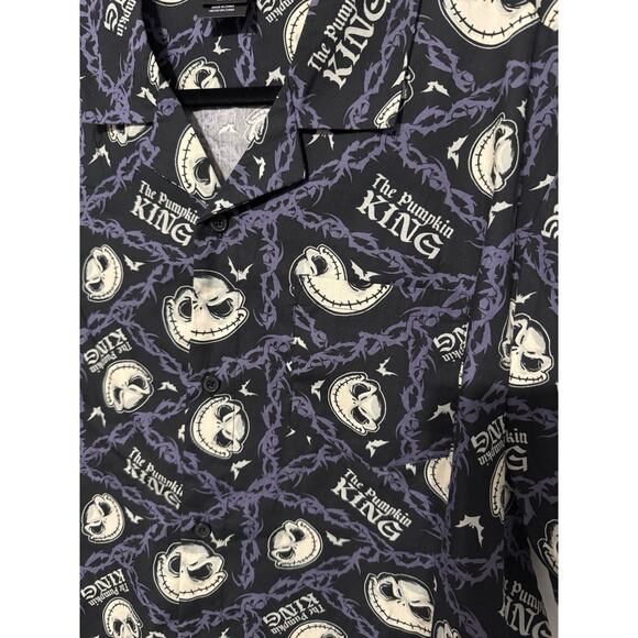 Nightmare Before Christmas Print Button-Up Cotton Shirt with Short Sleeves - Picture 2 of 5